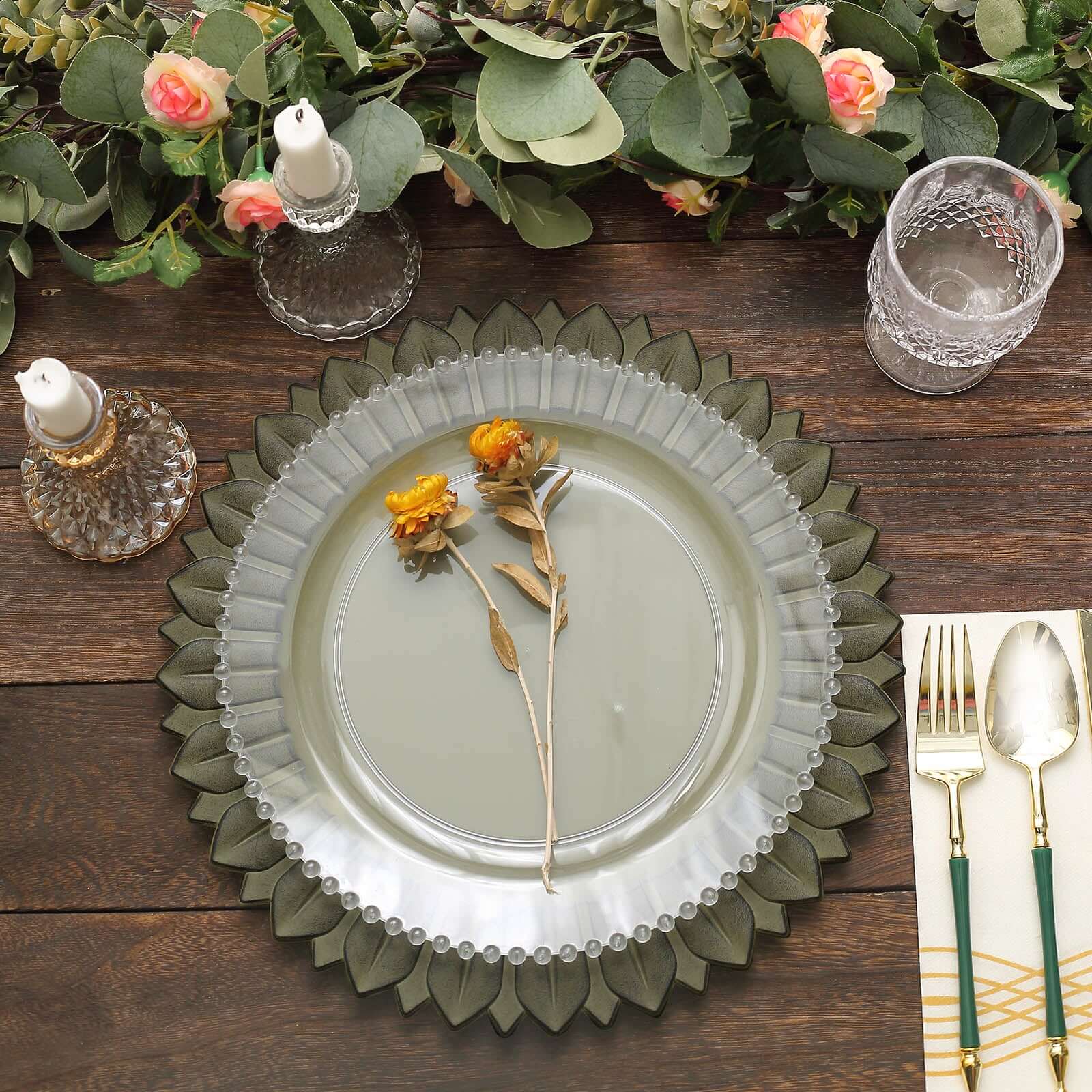 6-Pack Plastic Charger Plates 13" Round Olive Green with Sunflower Rim - Matte Finish Disposable Dinner Charger Tableware - Image 5